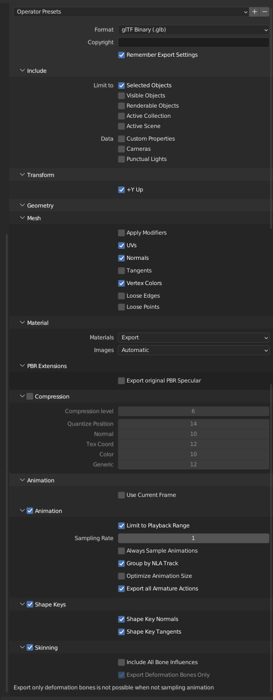 Spécifications d’export glTF des animations depuis Blender